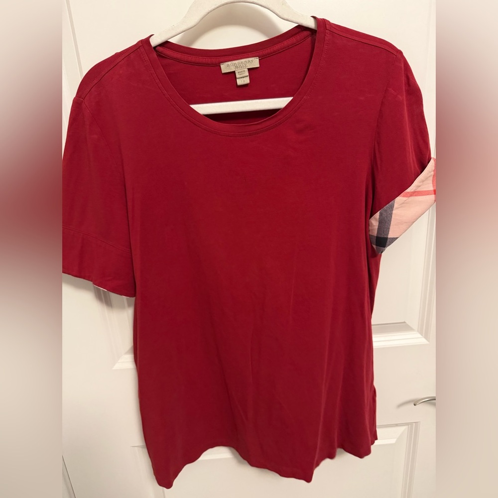 Burberry Red Short Sleeve Tee with Plaid Accent